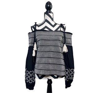 NWT INC Boho Sz XL Embroidered Puff-Sleeve Tassel Smocked Blouse